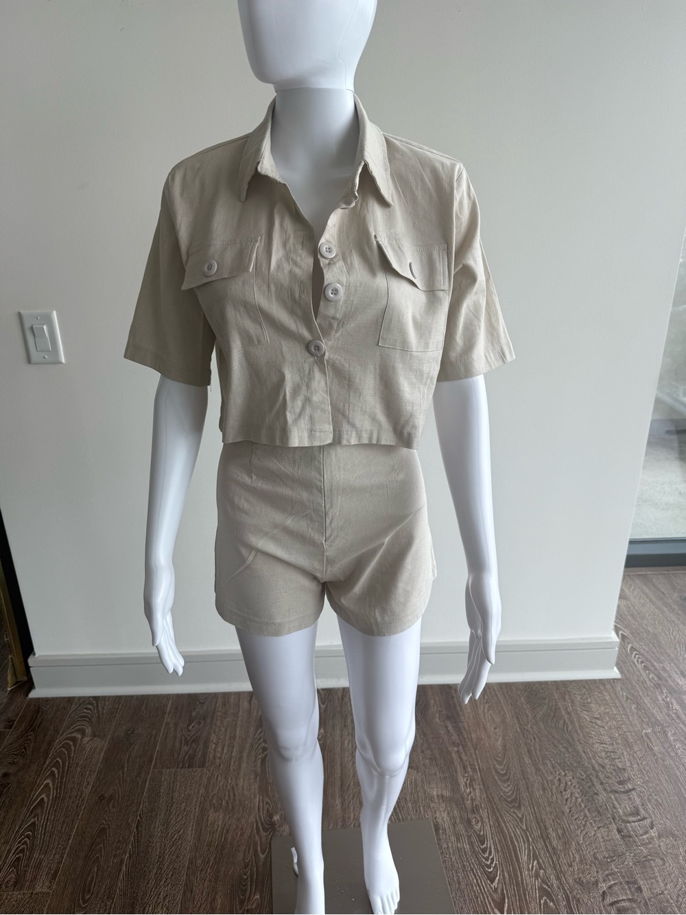 Beige Cropped Button-Up Shirt & High-Waist Shorts Set
